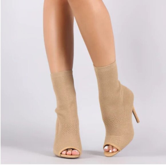 Qupid Knit Peep Toe Suede Stiletto Ankle Boots 6.5 tan sock boots heels - Picture 1 of 11
